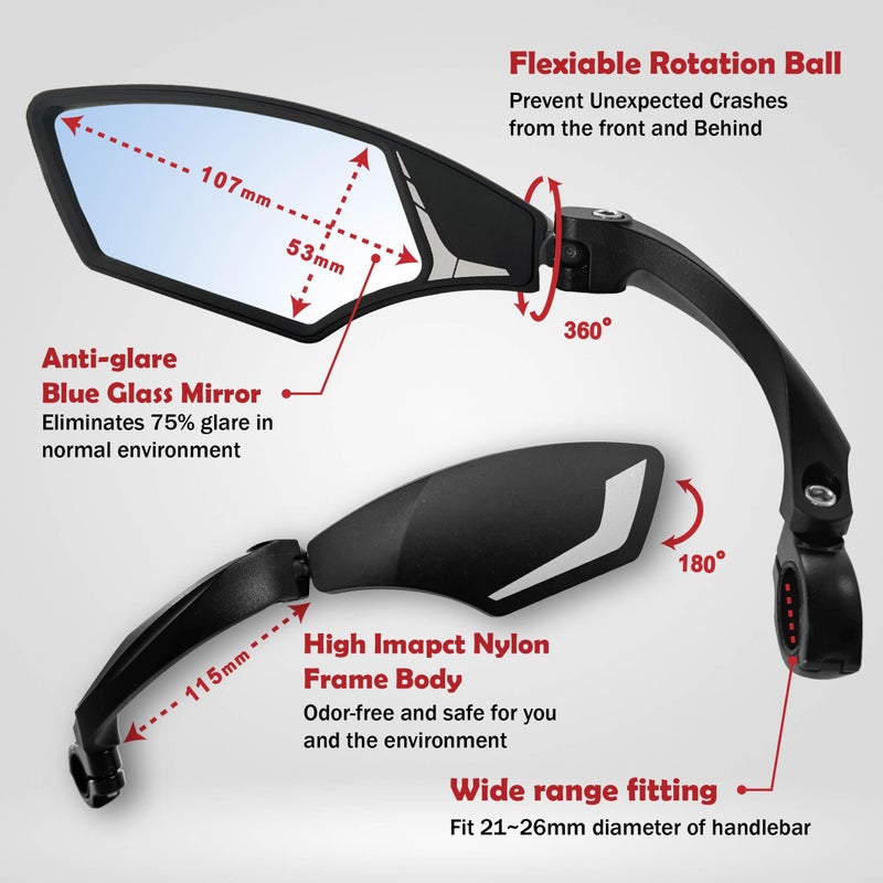 Hafny NEW Handlebar Bike Mirror, HD,Blast-resistant, Glass Lens, HF-MR095 (Anti-glare left) - Image 2